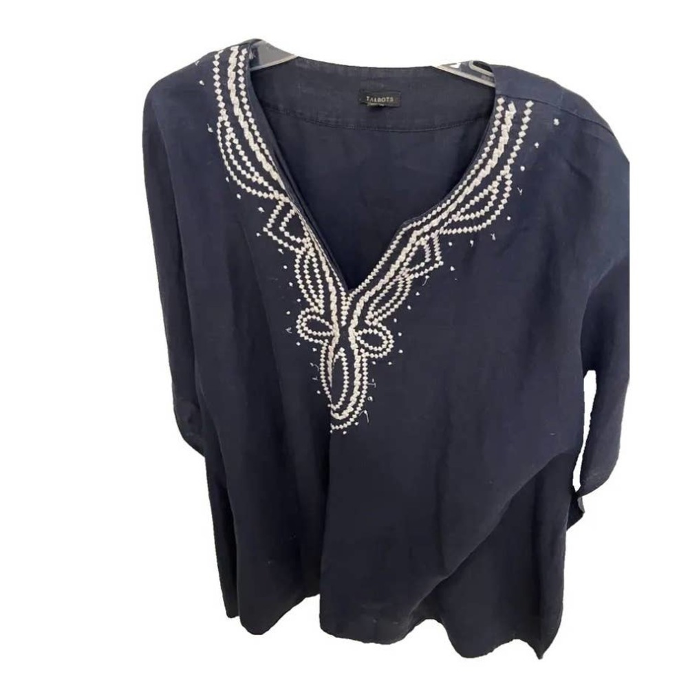 Talbots Poncho Top Linen Blend Size L/XL Navy Embroidered